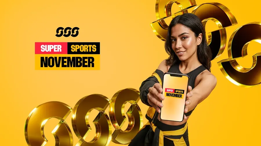 Super Sports November key visual with a woman holding a phone on a yellow stage
